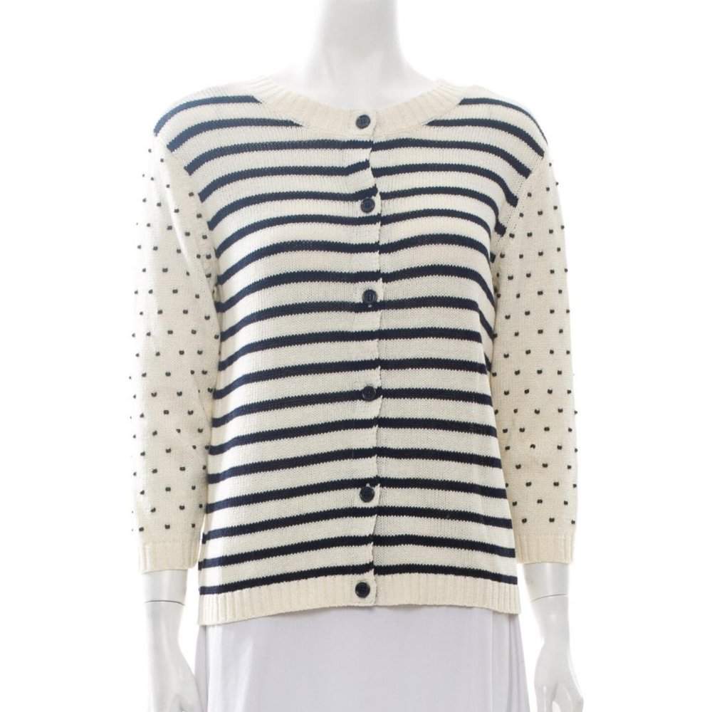 Navy and Cream Stripe & Dot Weekend Max Mara Crewneck Cardigan Sweater